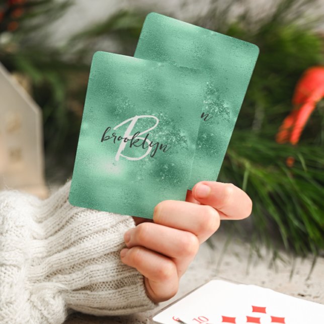 Glam Mint Green Trendy Script Monogram Playing Cards (Creator Uploaded)