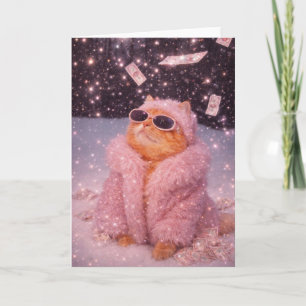 Glam Money Cat in Pink Fur Coat and Sunglasses Card
