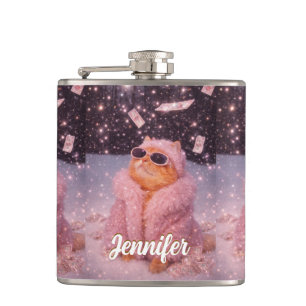 Glam Money Cat in Pink Fur Coat and Sunglasses     Hip Flask
