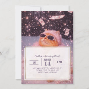 Glam Money Cat in Pink Fur Coat and Sunglasses     Invitation