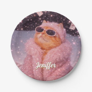 Glam Money Cat in Pink Fur Coat and Sunglasses Paper Plate