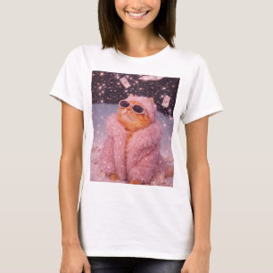Glam Money Cat in Pink Fur Coat and Sunglasses     T-Shirt