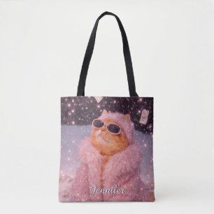 Glam Money Cat in Pink Fur Coat and Sunglasses     Tote Bag