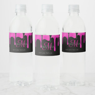 Glam Monogram Dripping Glitter Black Hot Pink  Water Bottle Label