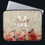Glam Monogram Rose Gold Flowers Light Gold Glitter Laptop Sleeve<br><div class="desc">This laptop sleeve offers a glam monogram design featuring elegant rose gold and peach coloured flowers on a faux champagne coloured glitter background. Personalise with your monogram and name.</div>