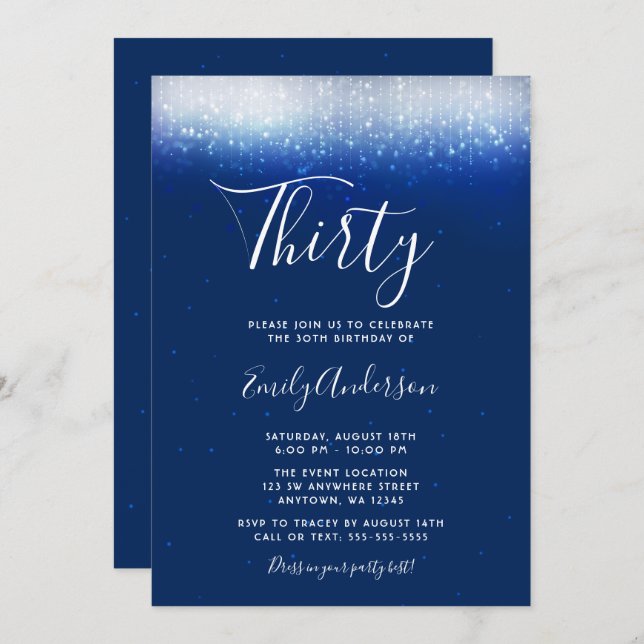 Glam Navy Blue 30th Birthday Invitation (Front/Back)