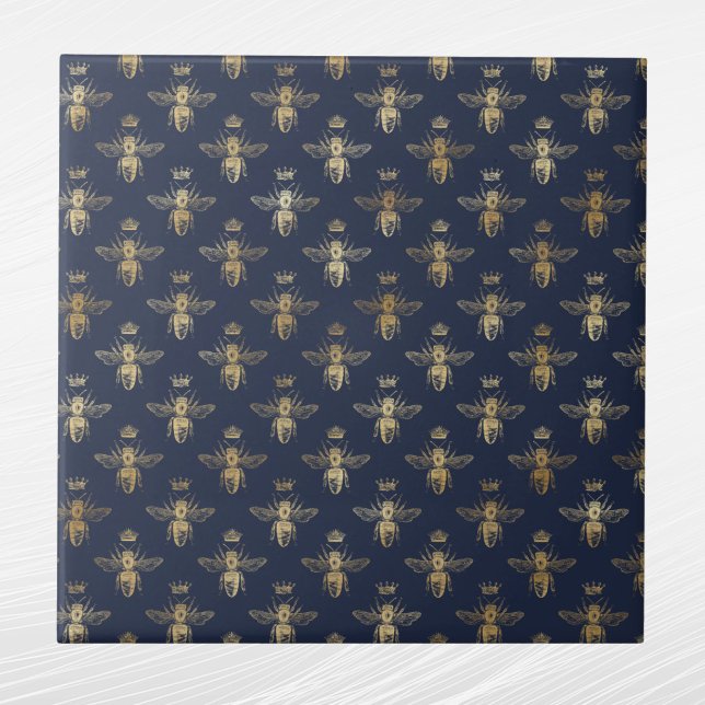 Glam Navy Blue Gold Bees Crown Tile (Creator Uploaded)