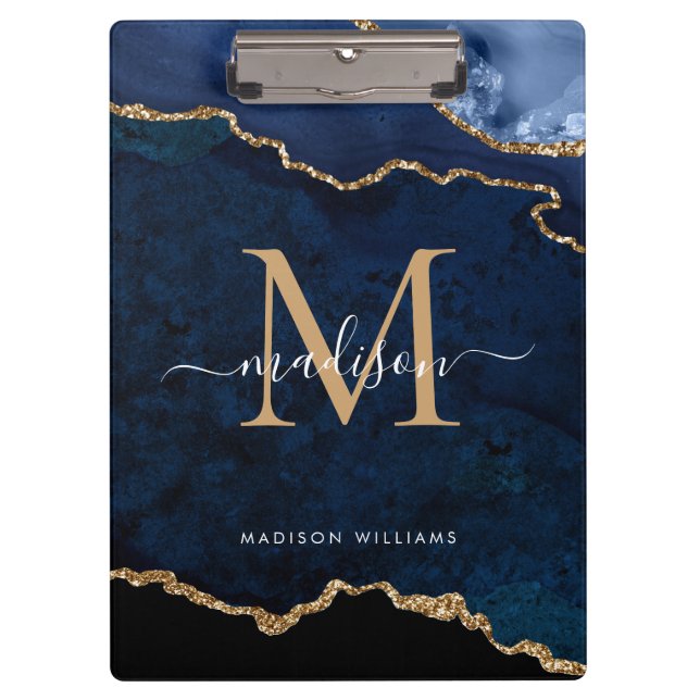 Glam Navy Blue Gold Glitter Agate Geode Monogram Clipboard (Front)