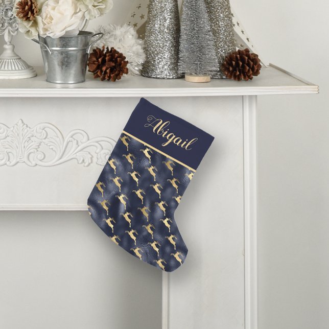 Glam Navy Blue Gold Reindeer Pattern Personalised Small Christmas Stocking (Creator Uploaded)