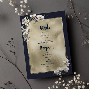 Glam navy blue gold white orchid Details Program Invitation