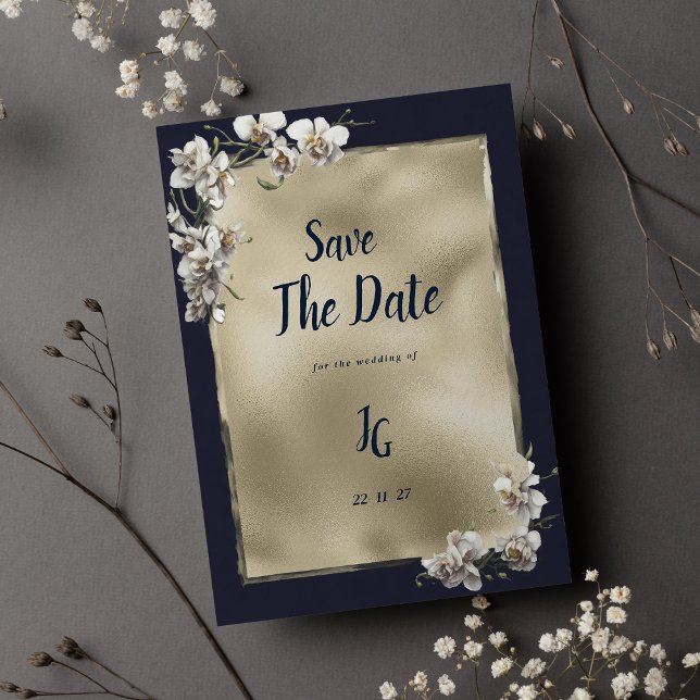 Glam navy blue gold white orchid Save The Date Invitation (Glam navy blue gold white orchid Save The Date)