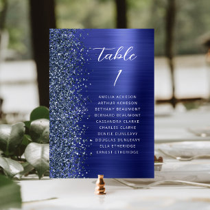 Glam Navy Blue Metallic Glitter Script Wedding Table Number