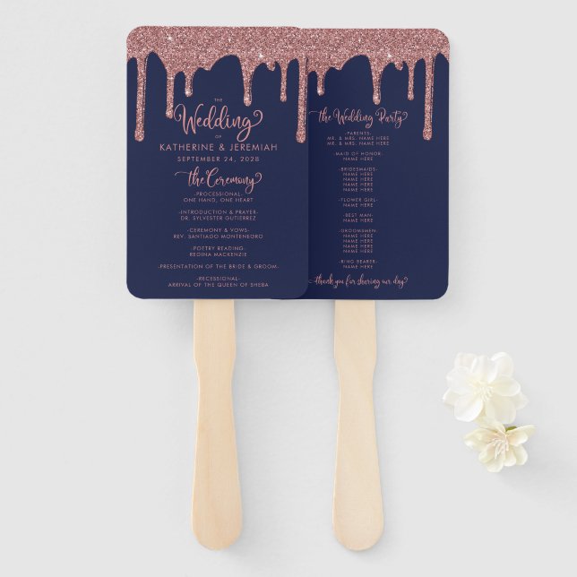 Glam Navy Blue Rose Gold Wedding Program Hand Fan (Front and Back)