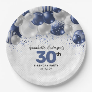 Glam Navy Blue Silver Balloon Glitter Birthday Paper Plate