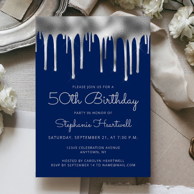 Glam Navy Blue Silver Dripping Foil 50th Birthday Invitation (Creator Uploaded)