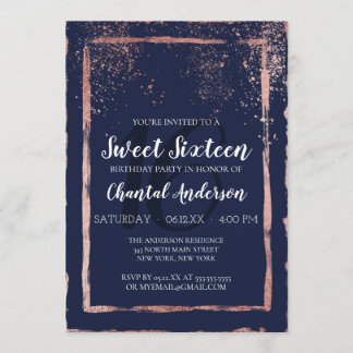 Glam Navy Rose Gold Confetti Brushstroke Sweet 16 Invitation