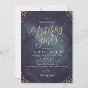 Glam night gold glitter calligraphy birthday party invitation