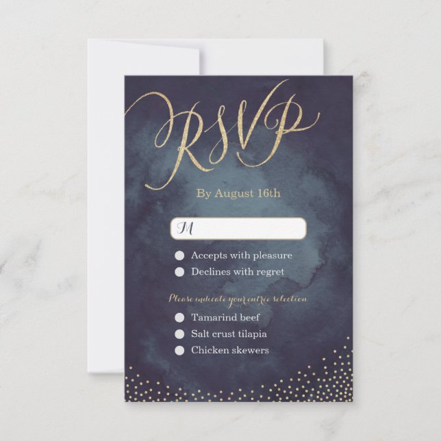 Glam night gold glitter calligraphy wedding RSVP (Front)