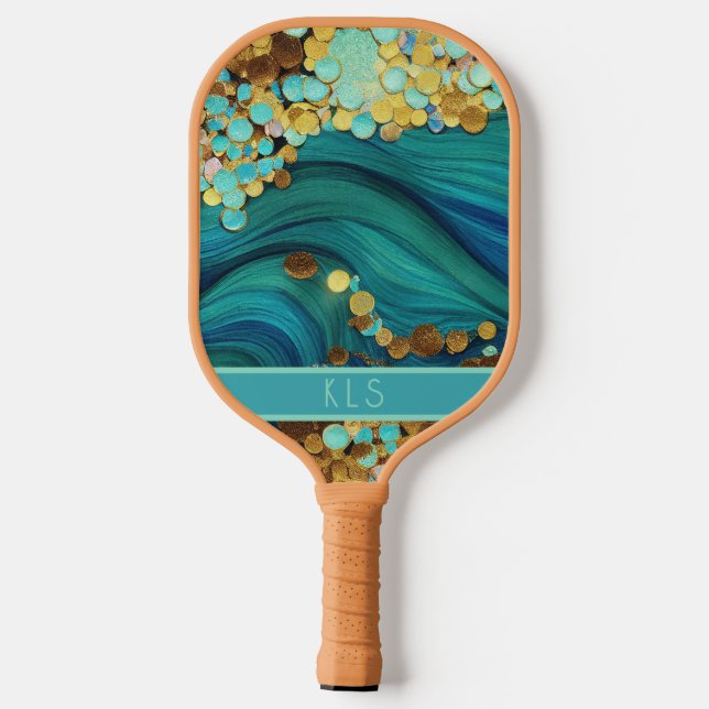 Glam Ocean Waves Teal & Gold Monogram Pickleball Paddle (Back)