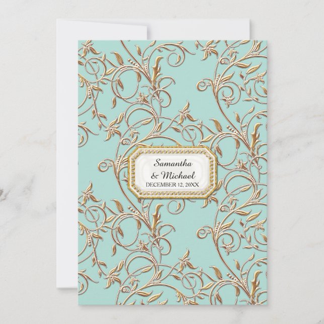 Glam Old Hollywood Regency Gold Foliage Aqua Invitation (Front)