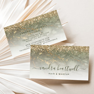 Glam Olive Green Gold Marble Glitter Script Business Card
