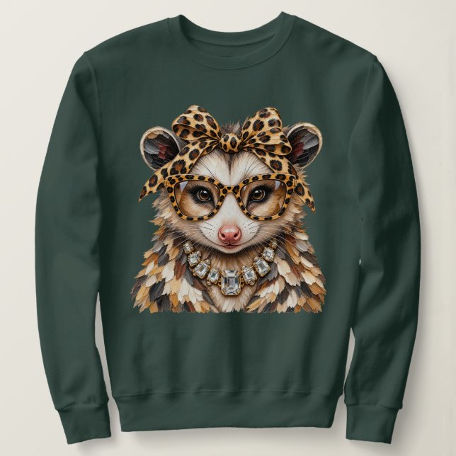 Glam Opossum Leopard Print Rhinestone Boujee Sweatshirt (Design Front)