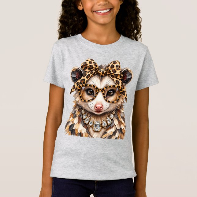 Glam Opossum Leopard Print Rhinestone Boujee T-Shirt (Front)