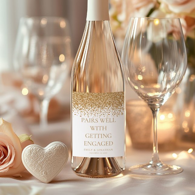 Glam Pairs Well with Getting Engaged Gold Glitter Wine Label (Creator Uploaded)