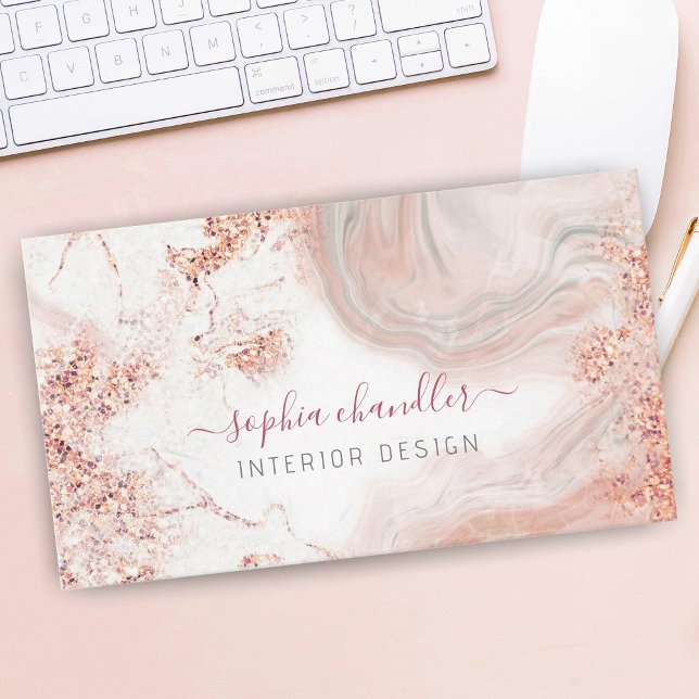 Glam Pale Peach & Grey Marble, Classy Business Card (Creator Uploaded)
