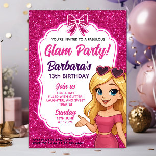 Glam Party Birthday for Girls with Pink Glitter Invitation