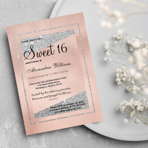 Glam Pastel Pink Rose Gold Silver Glitter Sweet 16 Invitation