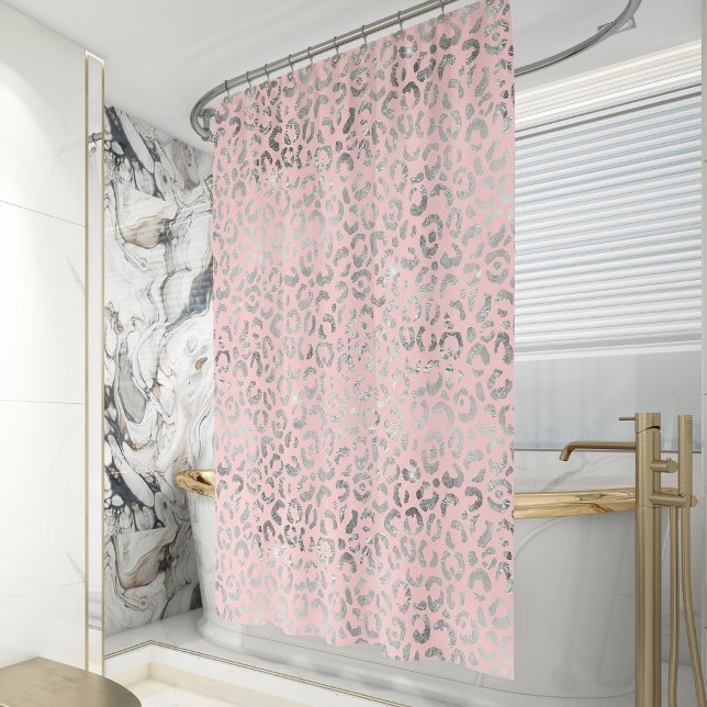 Glam Pastel Pink Silver Foil Leopard Print Shower Curtain (Creator Uploaded)