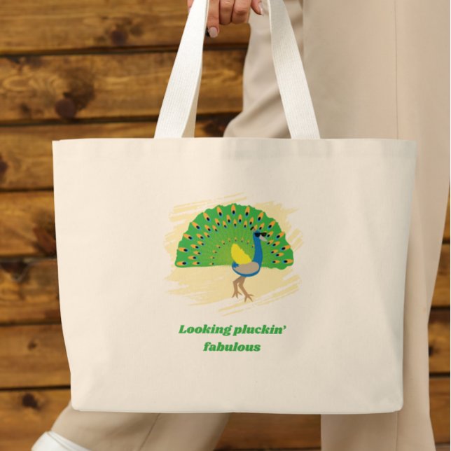 Glam Peacock Pun Design Mug Large Tote Bag (Creator Uploaded)