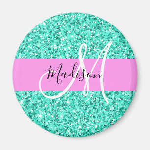 Glam Pink and Aqua Glitter Sparkles Monogram Name Magnet