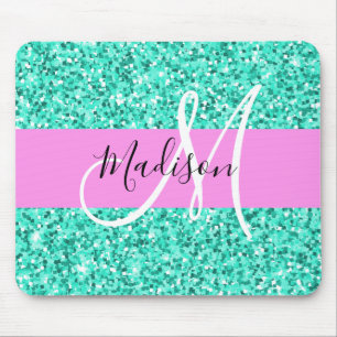 Glam Pink and Aqua Glitter Sparkles Monogram Name Mouse Pad