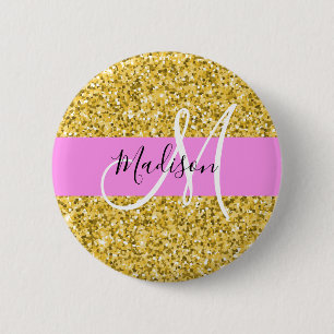 Glam Pink and Gold Glitter Sparkles Monogram Name 6 Cm Round Badge