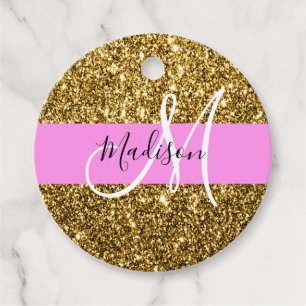 Glam Pink and Gold Glitter Sparkles Monogram Name Favour Tags