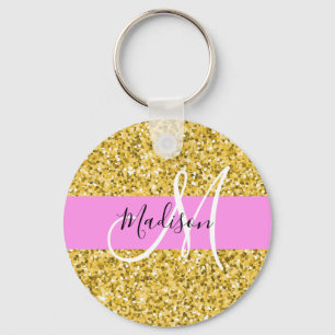 Glam Pink and Gold Glitter Sparkles Monogram Name Key Ring