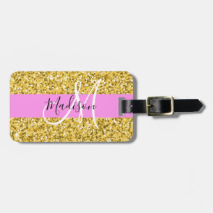 Glam Pink and Gold Glitter Sparkles Monogram Name Luggage Tag