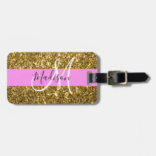 Glam Pink and Gold Glitter Sparkles Monogram Name Luggage Tag