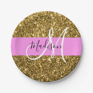 Glam Pink and Gold Glitter Sparkles Monogram Name Paper Plate