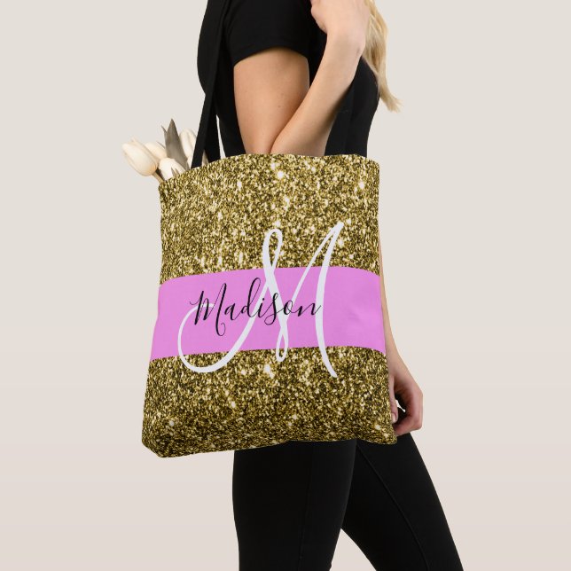 Glam Pink and Gold Glitter Sparkles Monogram Name Tote Bag (Close Up)