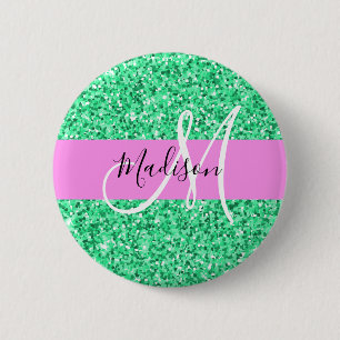 Glam Pink and Green Glitter Sparkles Monogram Name 6 Cm Round Badge