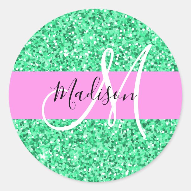Glam Pink and Green Glitter Sparkles Monogram Name Classic Round Sticker (Front)