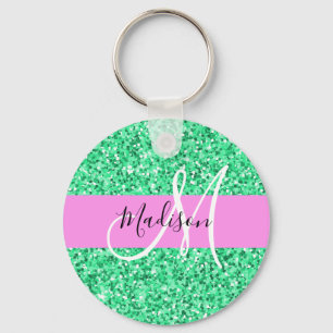 Glam Pink and Green Glitter Sparkles Monogram Name Key Ring