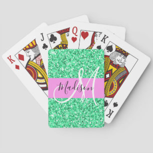 Glam Pink and Green Glitter Sparkles Monogram Name Playing Cards