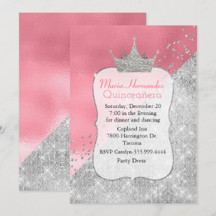 Glam Pink and Silver Crown Quinceañera Invitation