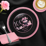Glam Pink Black Fashion 100th Birthday Party Paper Plate<br><div class="desc">Glamourous French couture-inspired,  pink and black "100" 100th birthday design featuring a hat box cake,  pink stilettos and a makeup bag among various unopened birthday presents and luscious cupcakes.  Perfect for celebrating birthday occasions.  Age is created in an uneditable faux pink glitter fon</div>