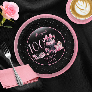 Glam Pink Black Fashion 100th Birthday Party Paper Plate
