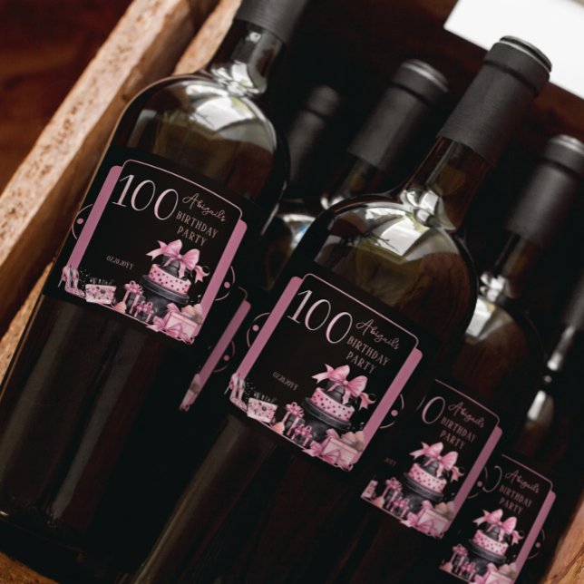 Glam Pink Black Fashion 100th Birthday Party Sparkling Wine Label (Glam Pink and Black French Couture Fashion 100th Birthday Party Bottle Labels)